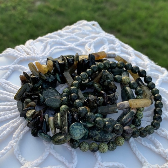 Natural Dark Green Jade & Serpentine Multicolored Gemstone Mixed Bead Bracelets - Picture 7 of 10